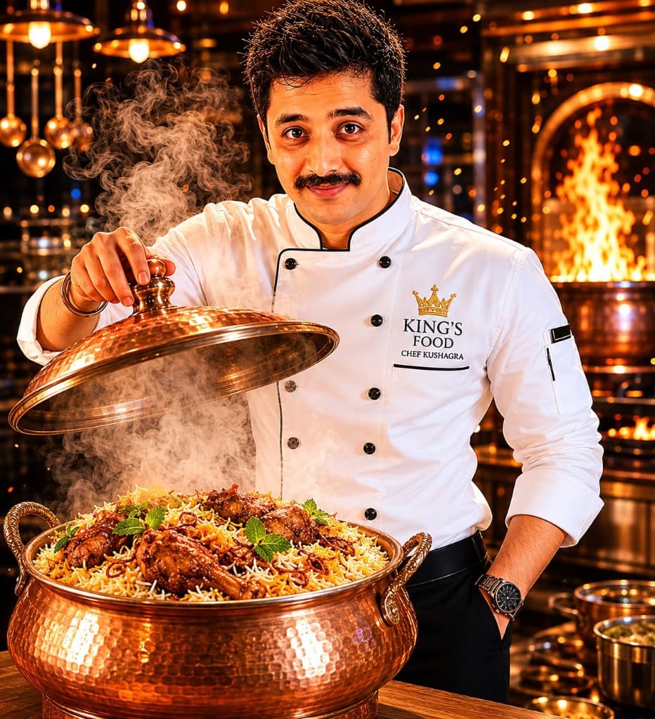 Chef Kushagra unveiling steaming Awadhi Biryani