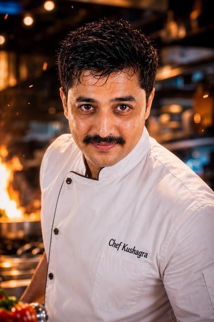 Chef Kushagra with kitchen flames